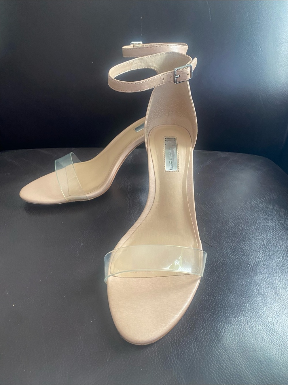 INC International Concepts Nude Blush Ankle-Strap Heels with Clear Toe Band